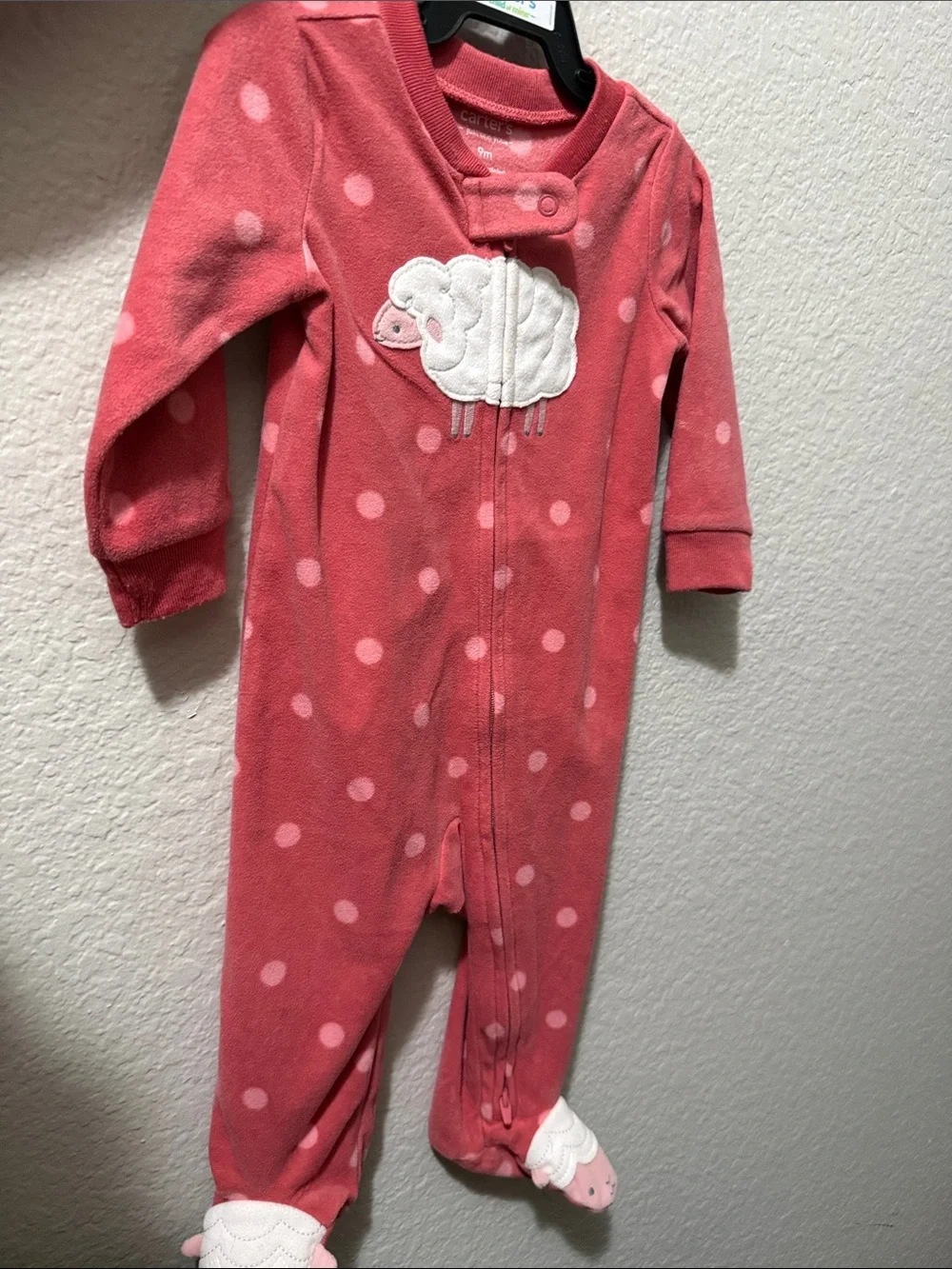 Carter's Coral Pink Polka Dot Sleeper with Sheep Applique